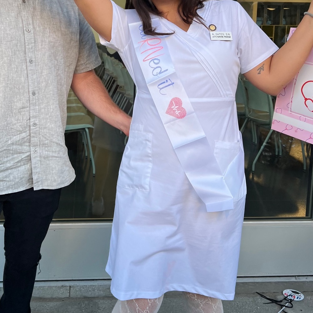 White RN scrub dress